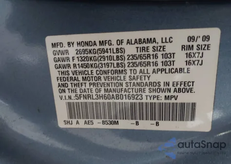 2010 Honda Odyssey Ex-L из США, поврежденный, VIN 5FNRL3H60AB016923